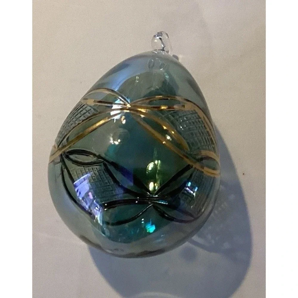 Christmas Ornament Hand Blown Glass Egg Shape Raised‎ Gold Designs Green Tint